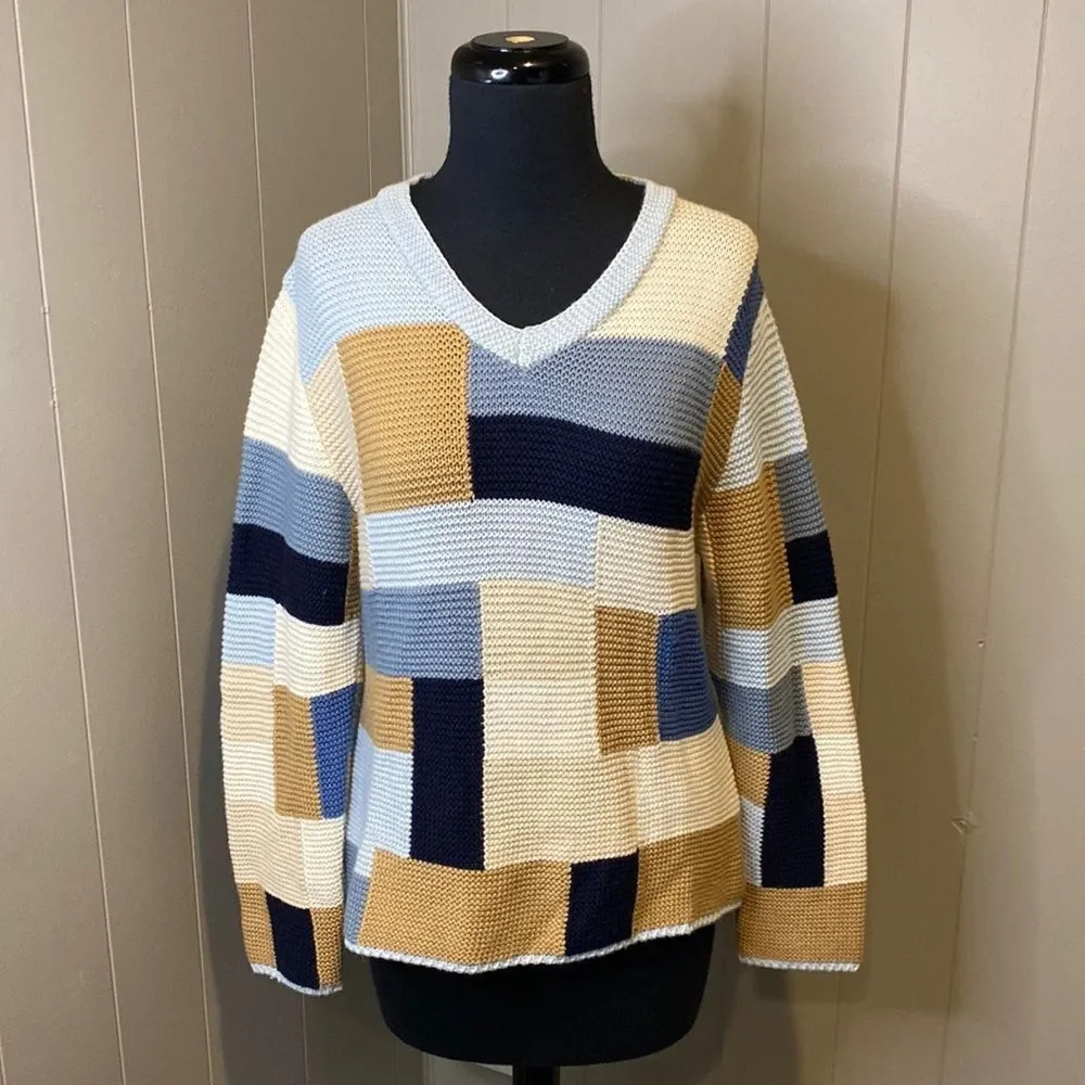 Olsen Women’s 10 V Neck Crochet Sweater Colorblock Wool Comfy
